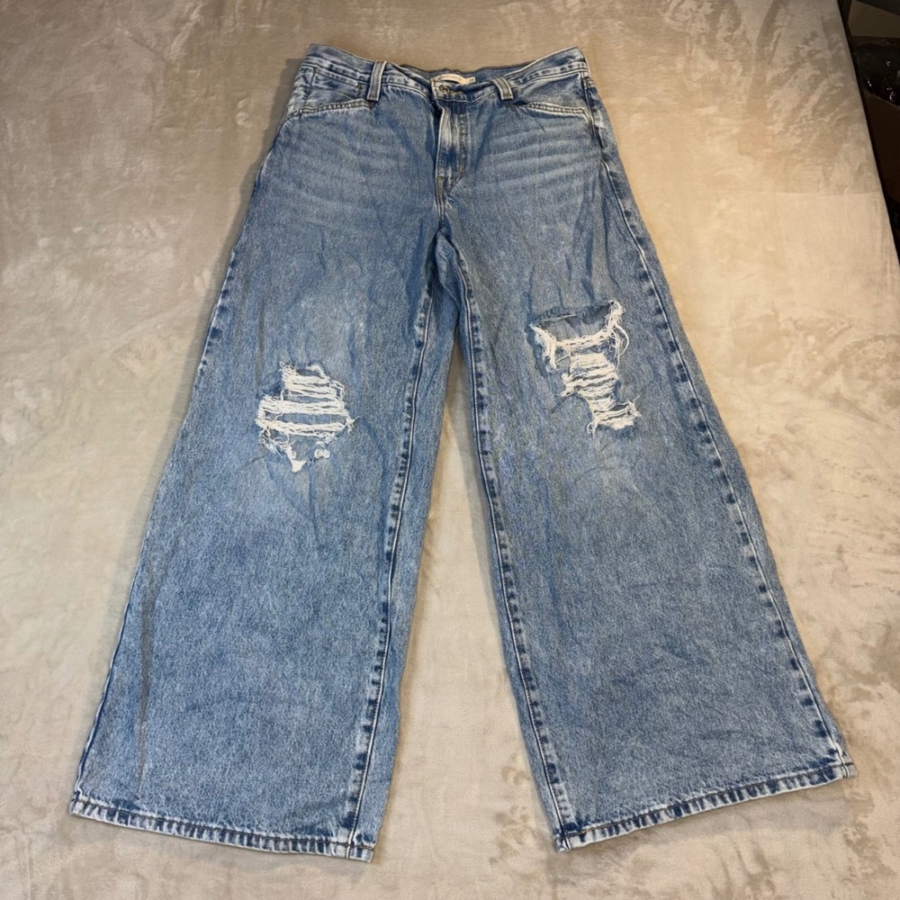 Levis 94 Baggy Wide Leg Jeans Light Wash Distressed Ripped Denim 29